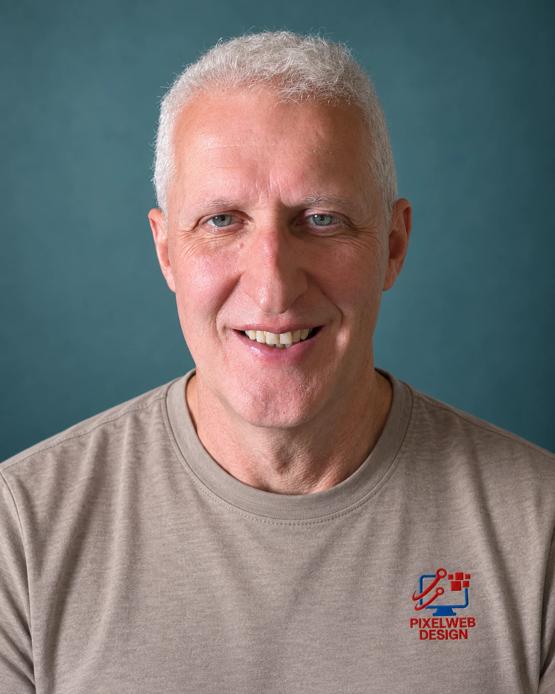 Studio portrait of Michael wearing a Pixelweb Design T-shirt against a teal background